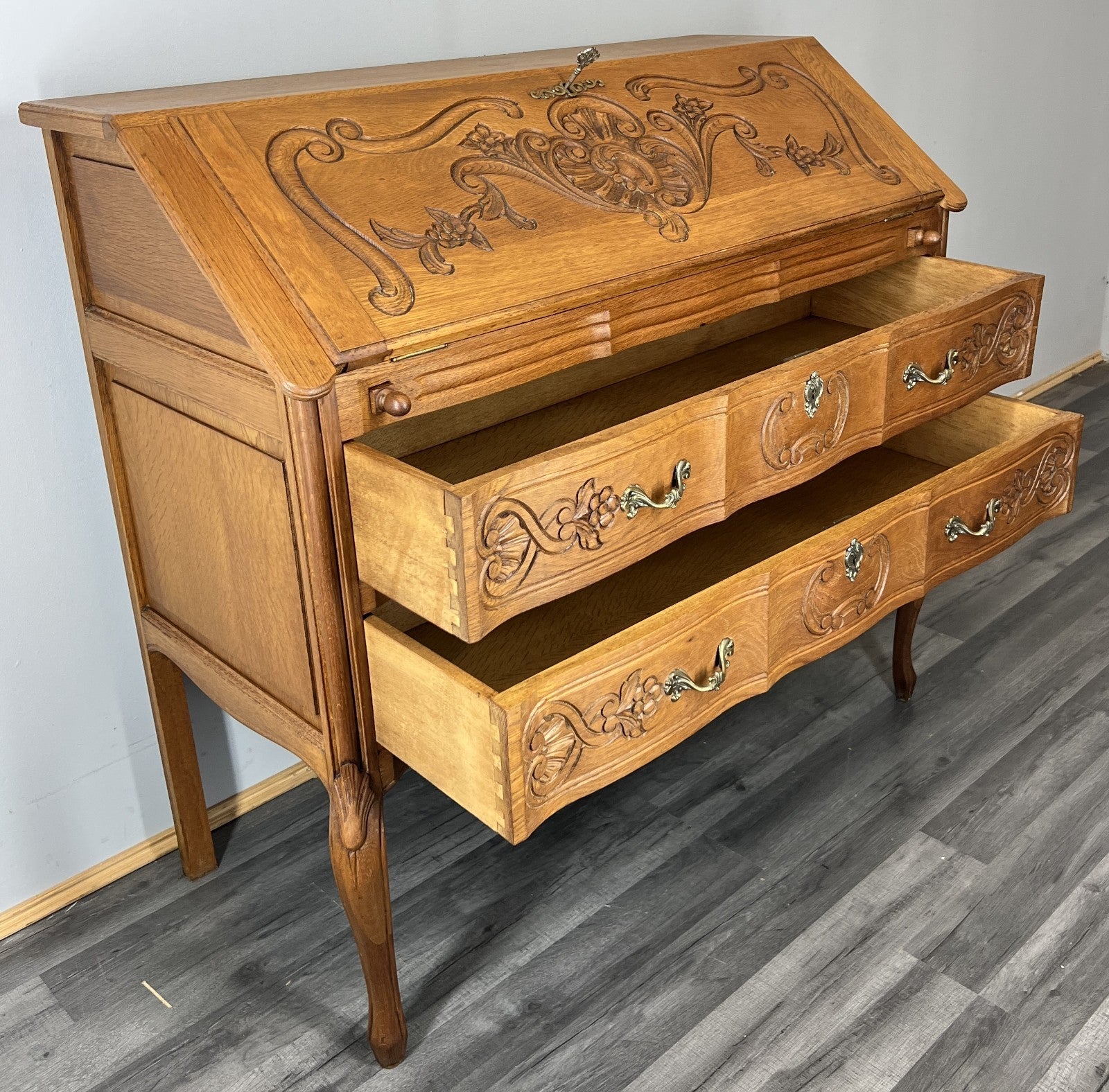 Secretaire Writing Desk Vintage French Louis Oak Rare Bureaux Cabinet LOT 44889