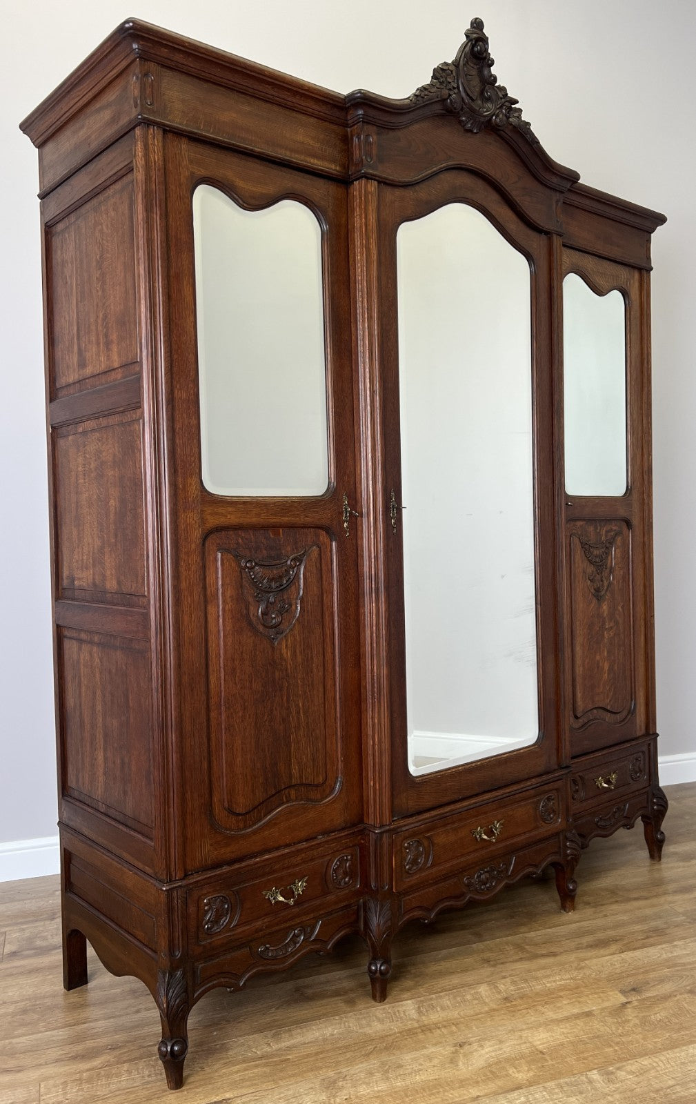 Wardrobe Antique French Rocaille Oak Three Door Carved Mirrored Armoire LOT 48432