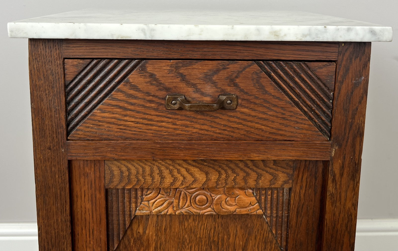 Bedside Table Antique French Marble Top Oak Cabinet Carved Cupboard LOT 62006
