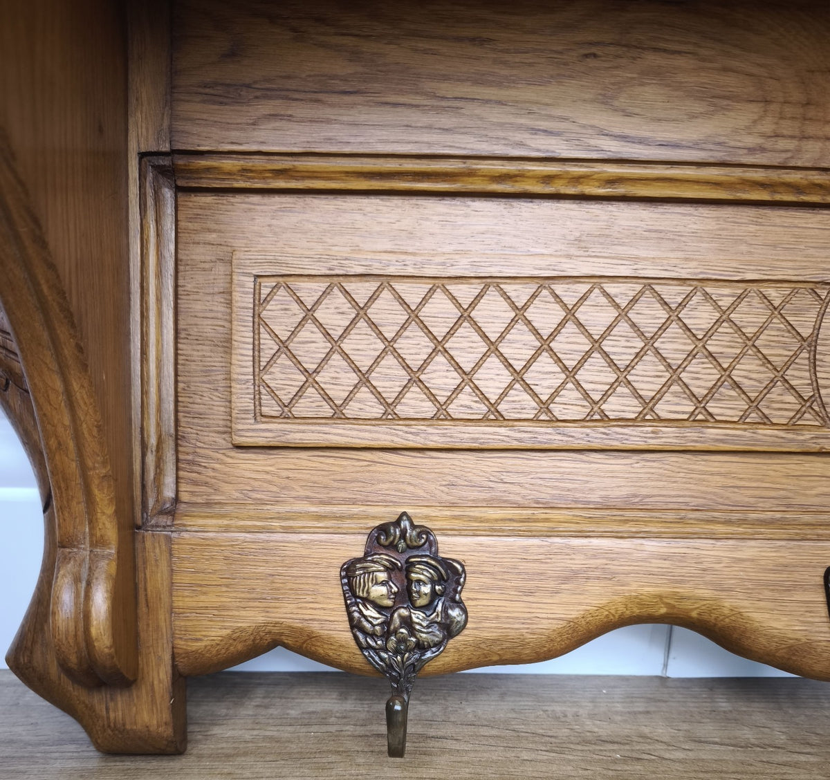French Vintage Coat Rack Oak 5 Hooks Wall Shelf Carved Coat Hanger LOT 6001