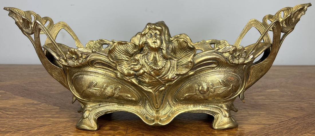 French Art Nouveau Jardiniere, Antique Brass Planter Brass Ornate LOT 46790