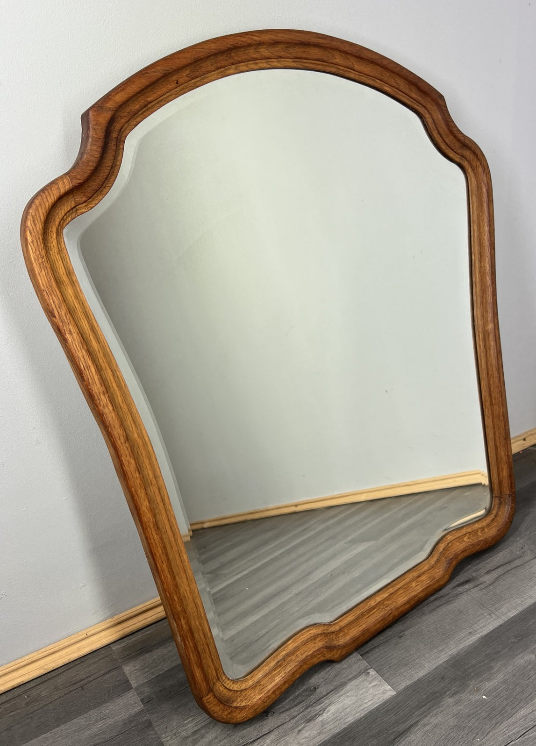 Vintage French Oak Wall Mirror with Curved Bevelled Frame Wall Decor LOT 43570