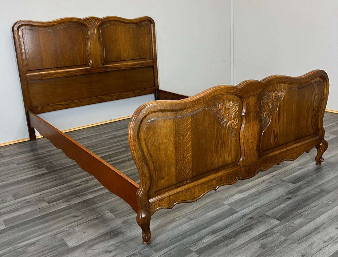 Bed Vintage French Louis XVI Style Oak Double Frame Carved Headboard LOT 27580