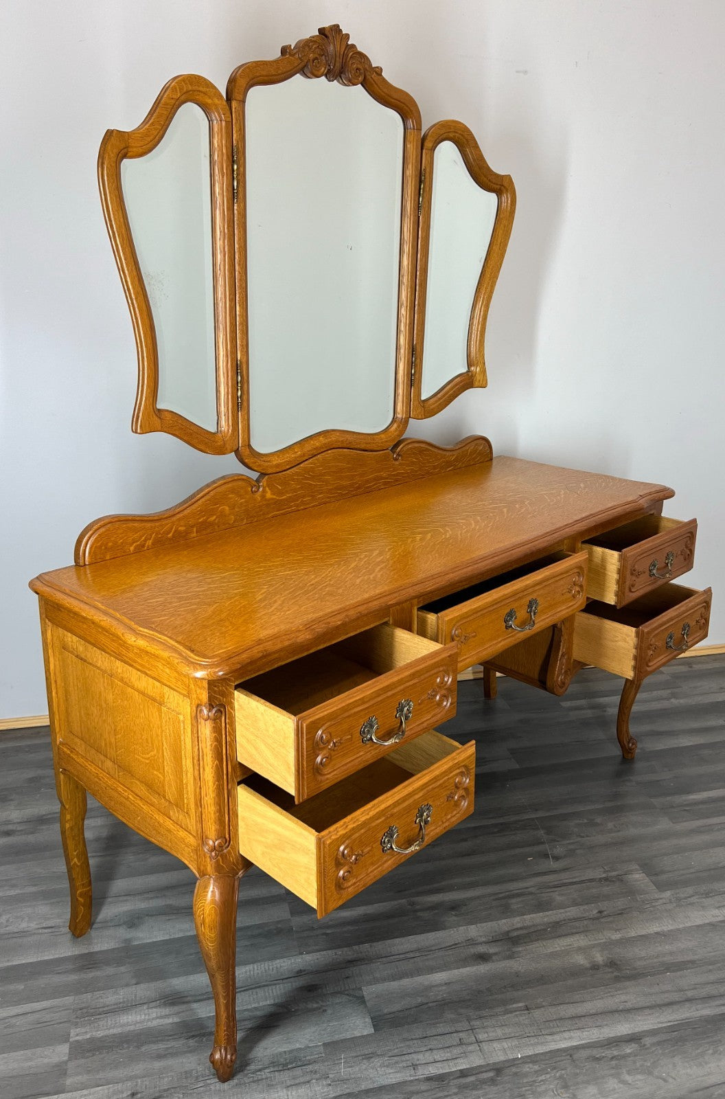 Dressing Table Vintage French Louis with Mirror Oak Vanity Makeup Table LOT 31984