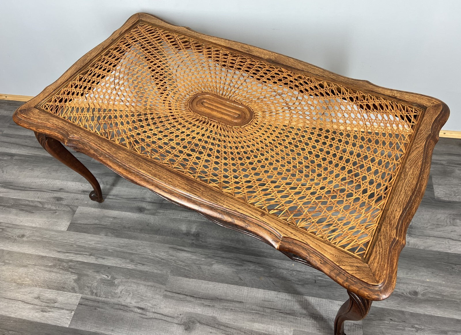 Coffee Table Vintage French Louis XV Cane Top Oak Carved Table LOT 38612