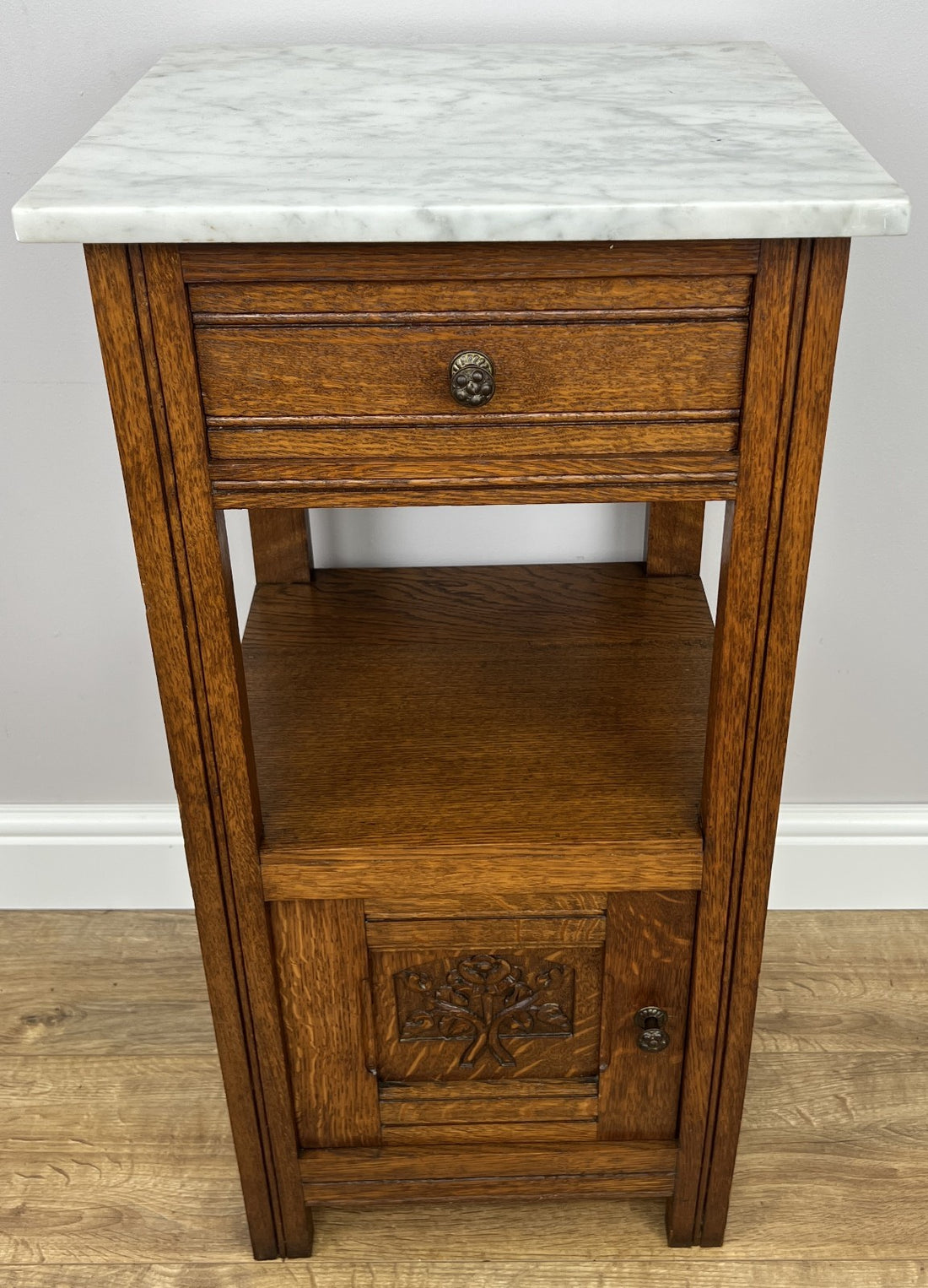 Bedside Table Antique French Style Marble Top Oak Cabinet Nightstand LOT 62410