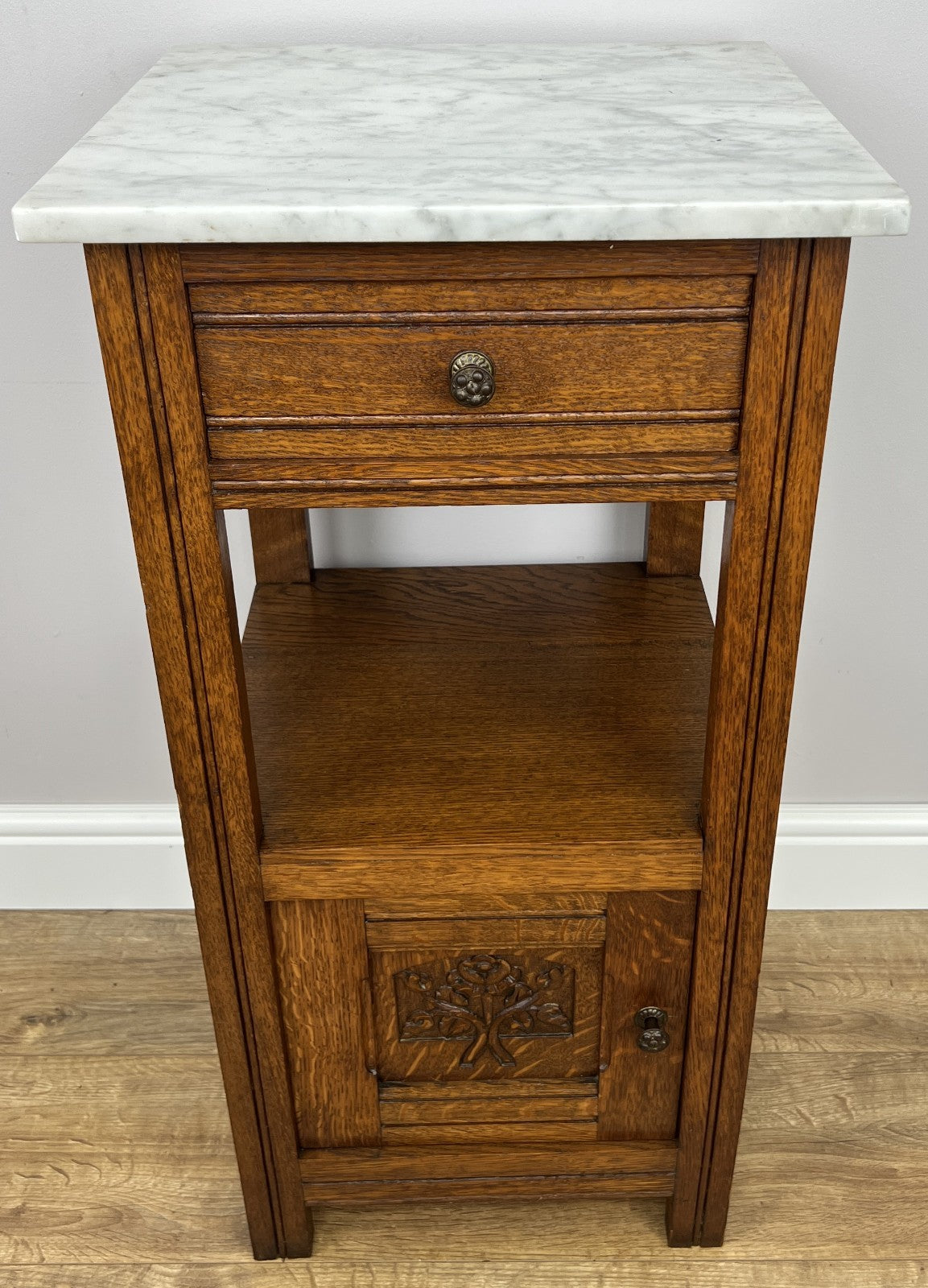 Bedside Table Antique French Style Marble Top Oak Cabinet Nightstand LOT 62410