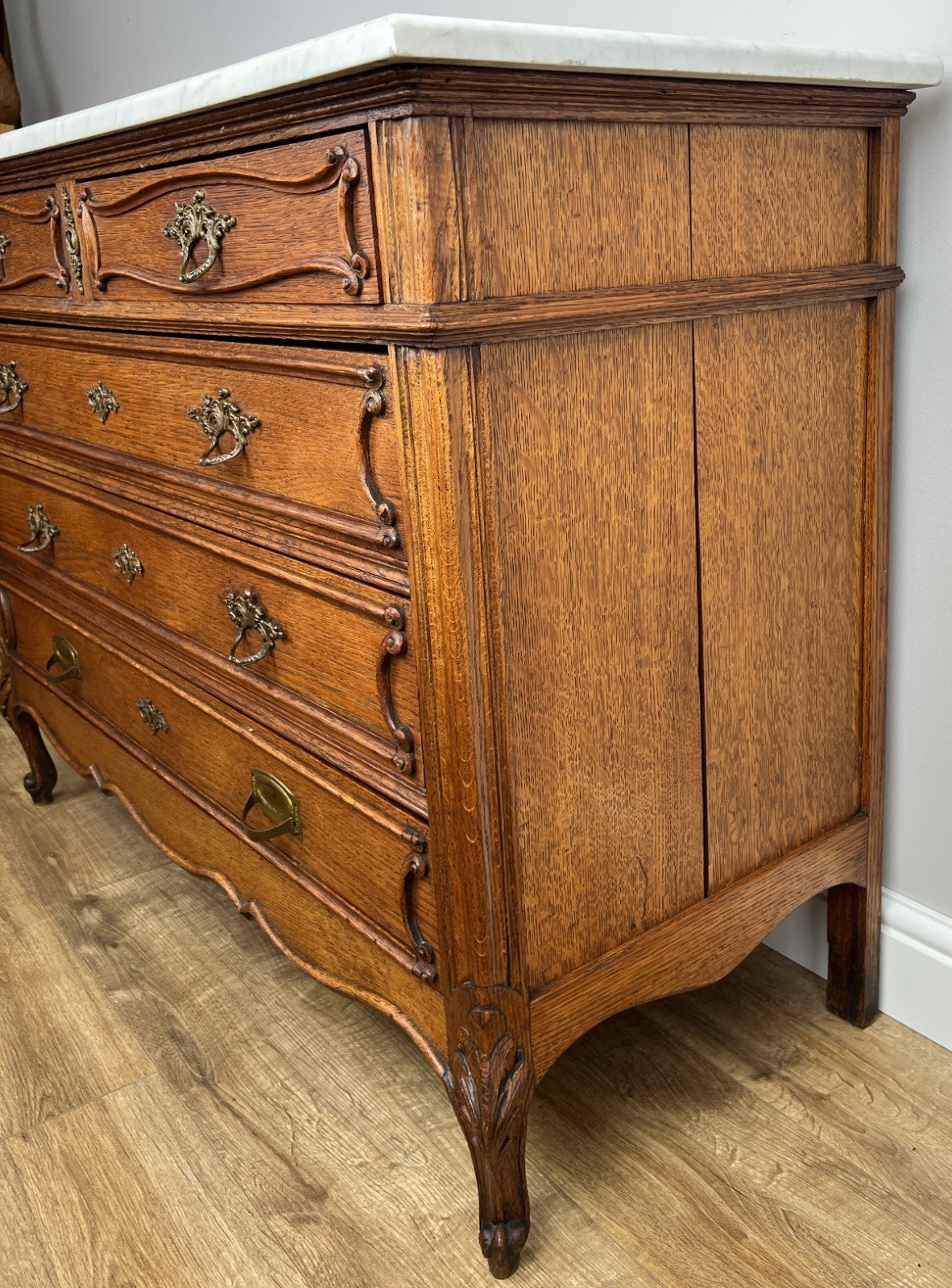 Chest of Drawers Antique French Oak Marble Top 5 Drawers Carved Cabinet LOT 62798