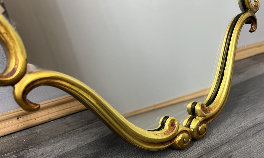 Vintage French Brass Wall Mirror with Ornate Curved Frame Wall Decor LOT 43910