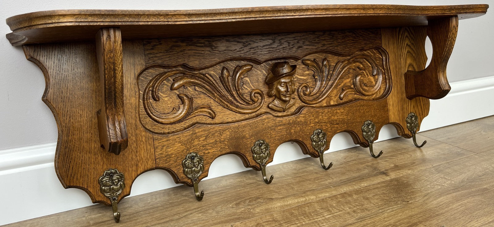 Coat Rack Vintage French Oak Wall Mounted 6 Hooks Carved Rack Hanger LOT 62020