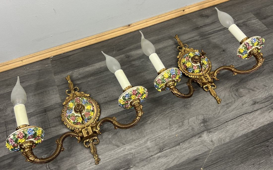 Pair of Wall Lights Vintage Spanish Porcelain Brass Floral Sconces LOT 44140