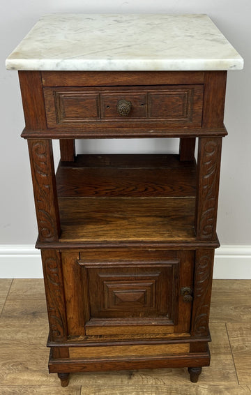 Bedside Table Antique French Marble Top Oak Cabinet Carved Cupboard LOT 63520