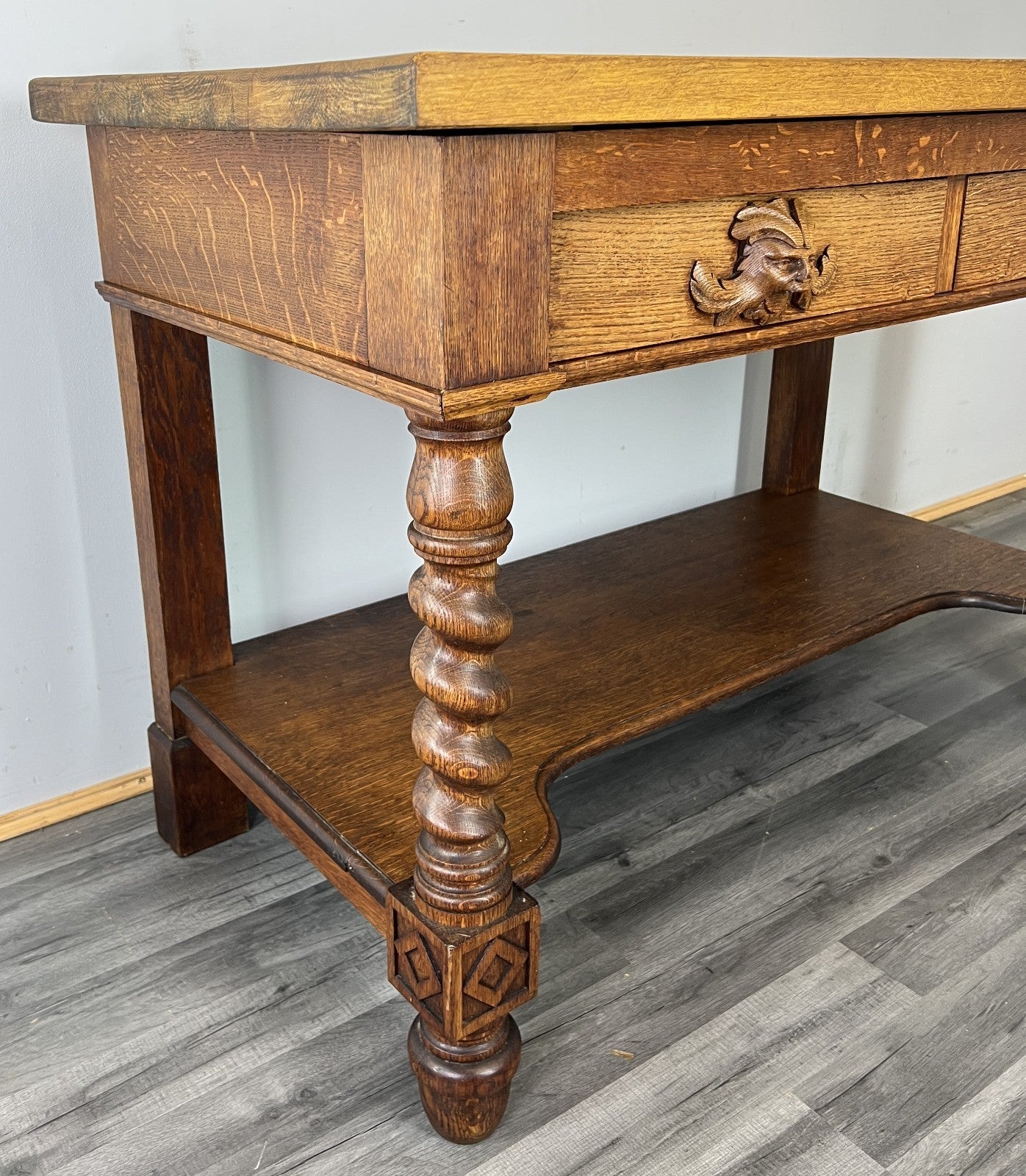 Cabinet Antique French Style Oak Carved Table with Two Drawers LOT 48009