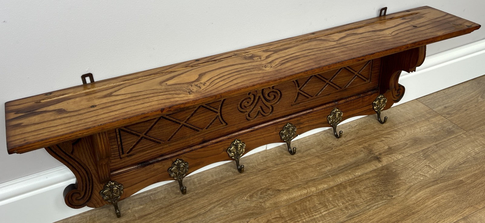 Coat Rack Vintage French Oak Wall Mounted 6 Hooks Carved Rack Hanger LOT 62081