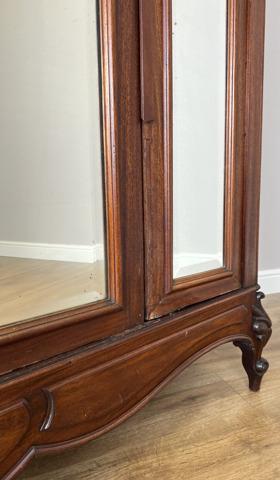 Wardrobe Antique French Style Walnut Two Door Mirrored Carved Armoire LOT 613314