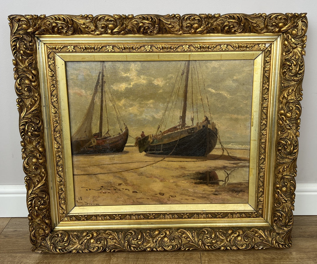 Oil Painting Vintage French Signed Coastal Boats Scene Framed Artwork LOT 49410