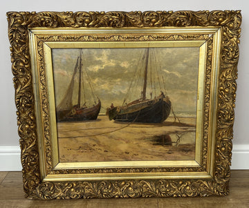 Oil Painting Vintage French Signed Coastal Boats Scene Framed Artwork LOT 49410