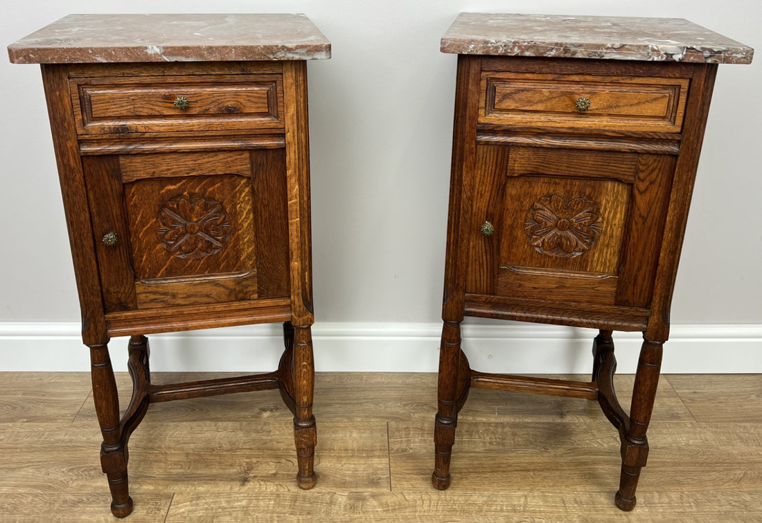 Pair of Bedside Tables Antique French Marble Top Carved Oak Cabinets LOT 49260