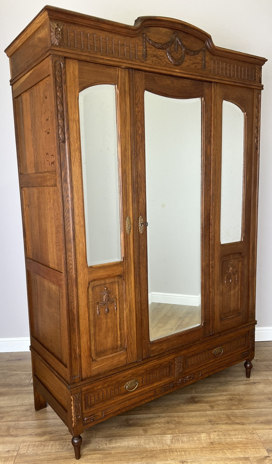 Wardrobe Antique French Oak Two Door Mirrored Carved Armoire Cabinet LOT 60970