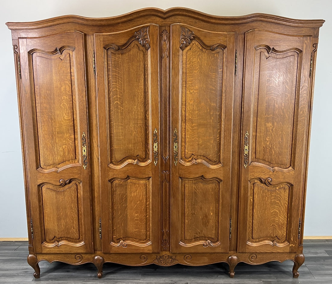 Wardrobe Vintage French Louis XVI Style Oak Four Door Carved Armoire LOT 47950