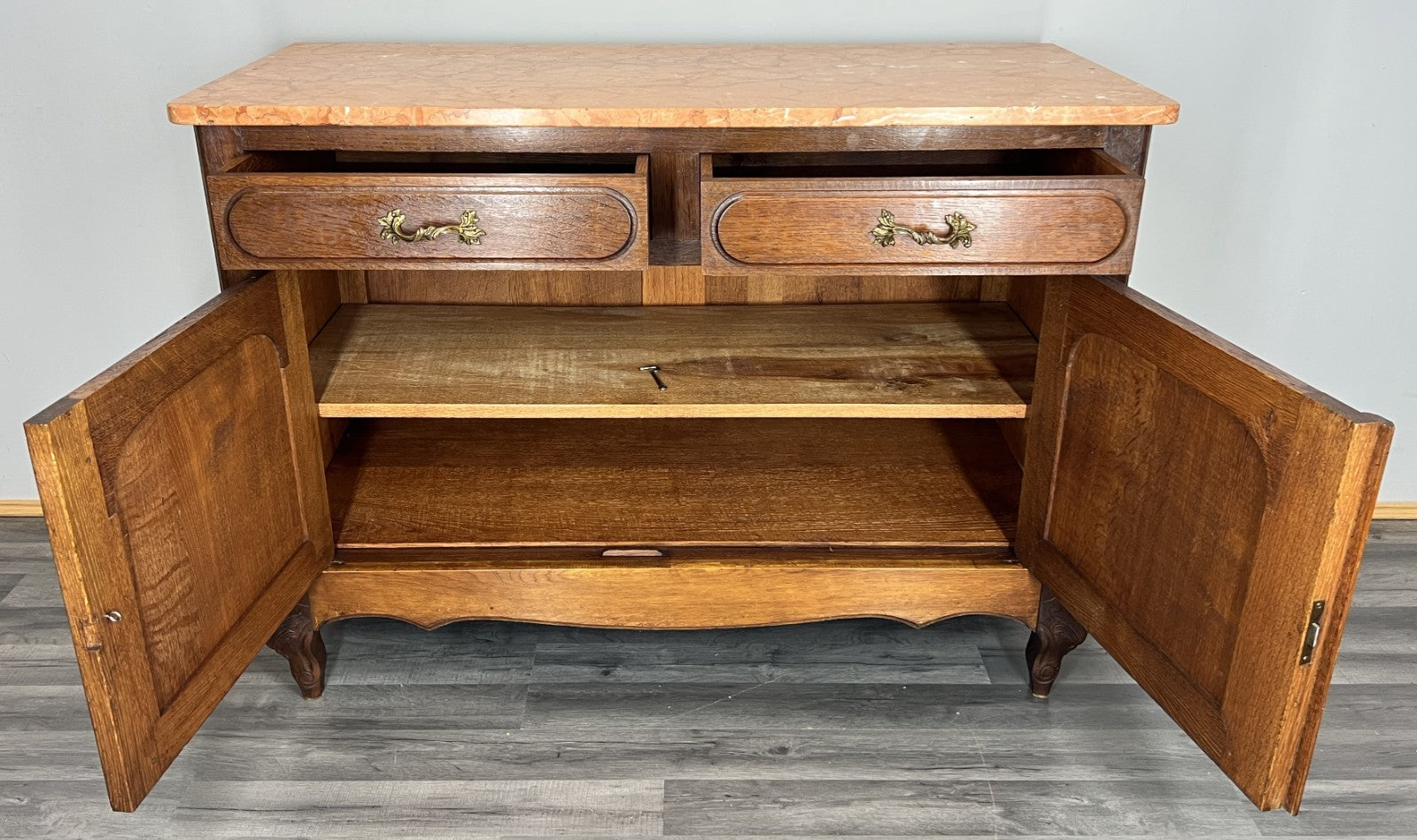 Cabinet Antique French Marble Top Oak Carved with Drawers Sideboard LOT 448911