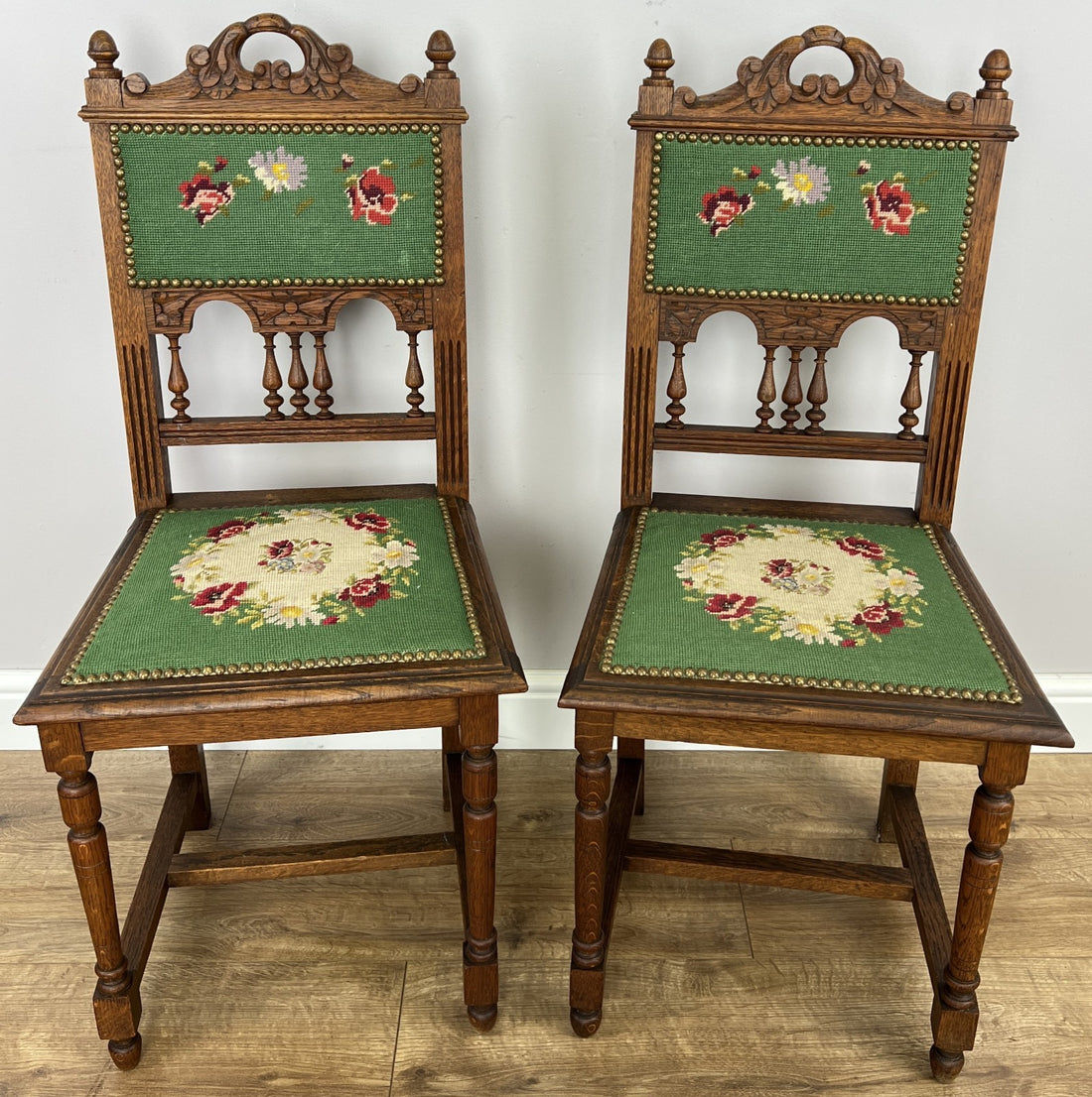 Pair of Chairs Antique French Style Oak Floral Upholstered Chairs LOT 6515