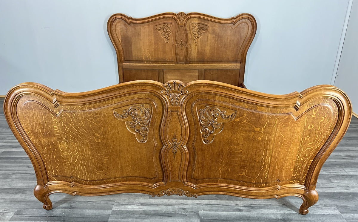 Bed Frame Vintage French Louis XVI Style Oak Double Carved Panel LOT 4086