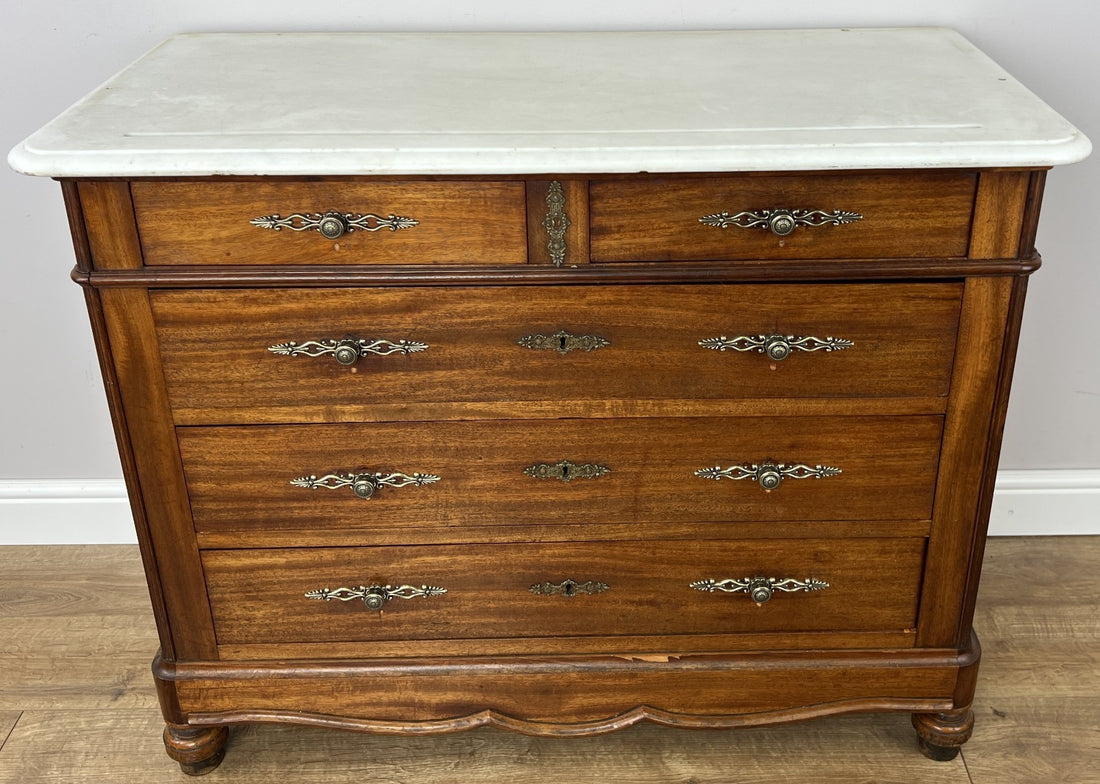 Chest of Drawers Antique French Walnut Marble Top Five Drawer Cabinet LOT 64510