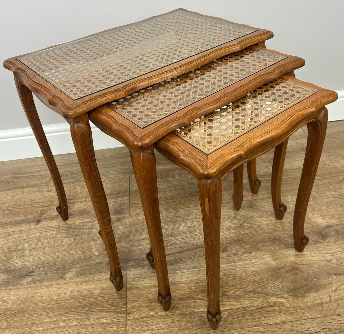 Nested Tables Vintage French Louis XIV Oak Set of Three Cane Glass Top LOT 48690
