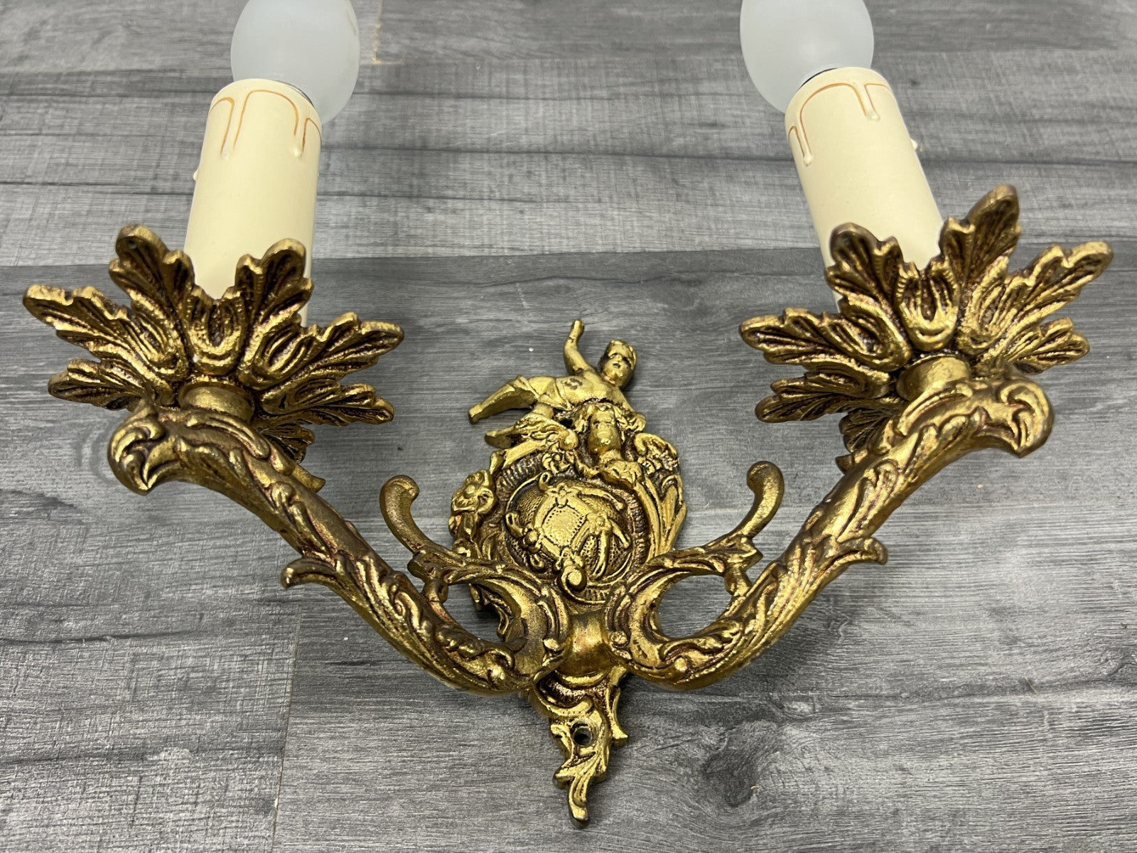 Vintage French Wall Light Brass Cherub Double Arm Rococo Sconce LOT 44116