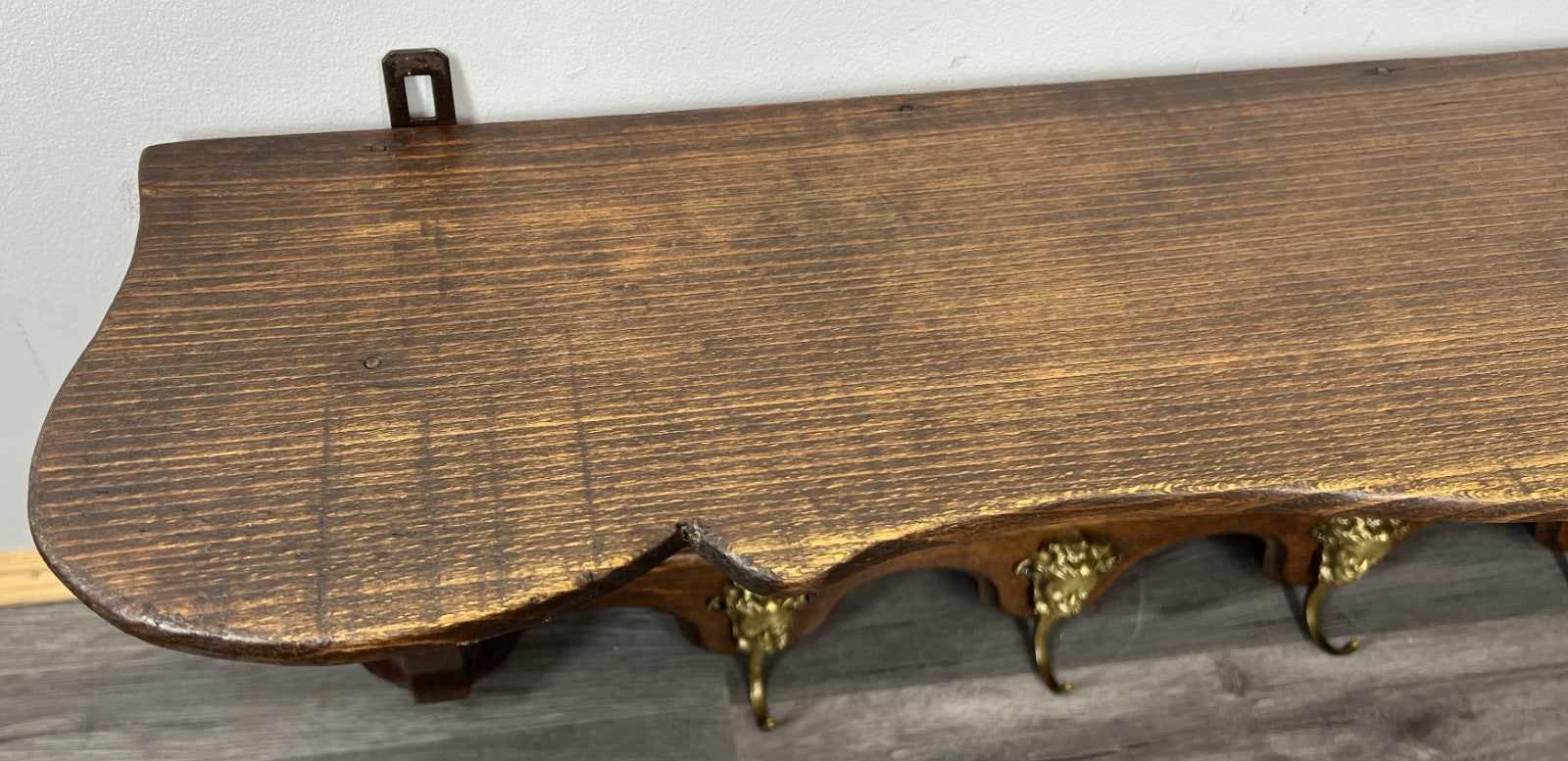 French Vintage Coat Rack Oak 4 Hooks Wall Shelf Carved Coat Hanger LOT 44337