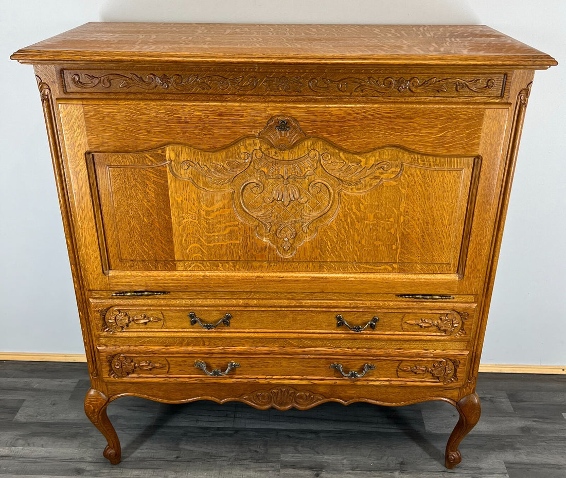 Cabinet Vintage French Louis XIV Style Carved Drop Front Oak Sideboard LOT 26510
