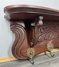 French Vintage Coat Rack Oak 7 Hooks Ornate Wall Shelf Carved Coat LOT 3885
