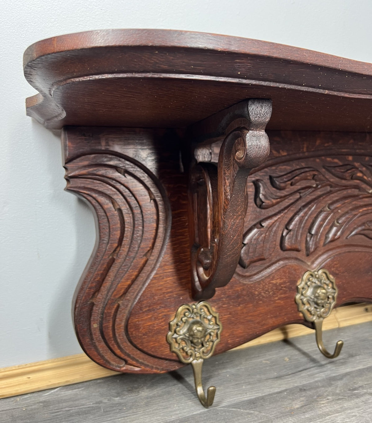 French Vintage Coat Rack Oak 7 Hooks Ornate Wall Shelf Carved Coat LOT 3885