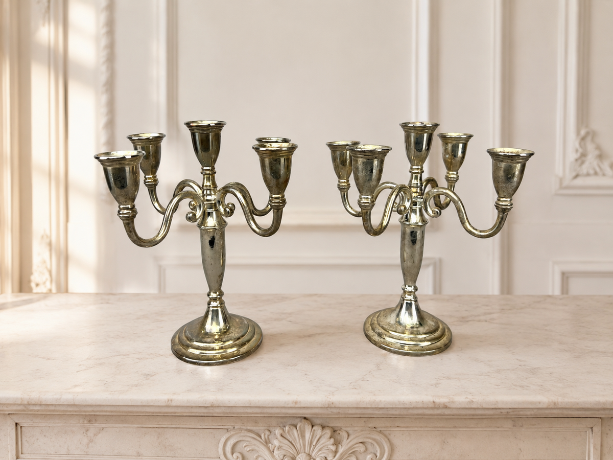 Pair of Candelabras Vintage French Style Metal Five Arm Candle Holders LOT 6481