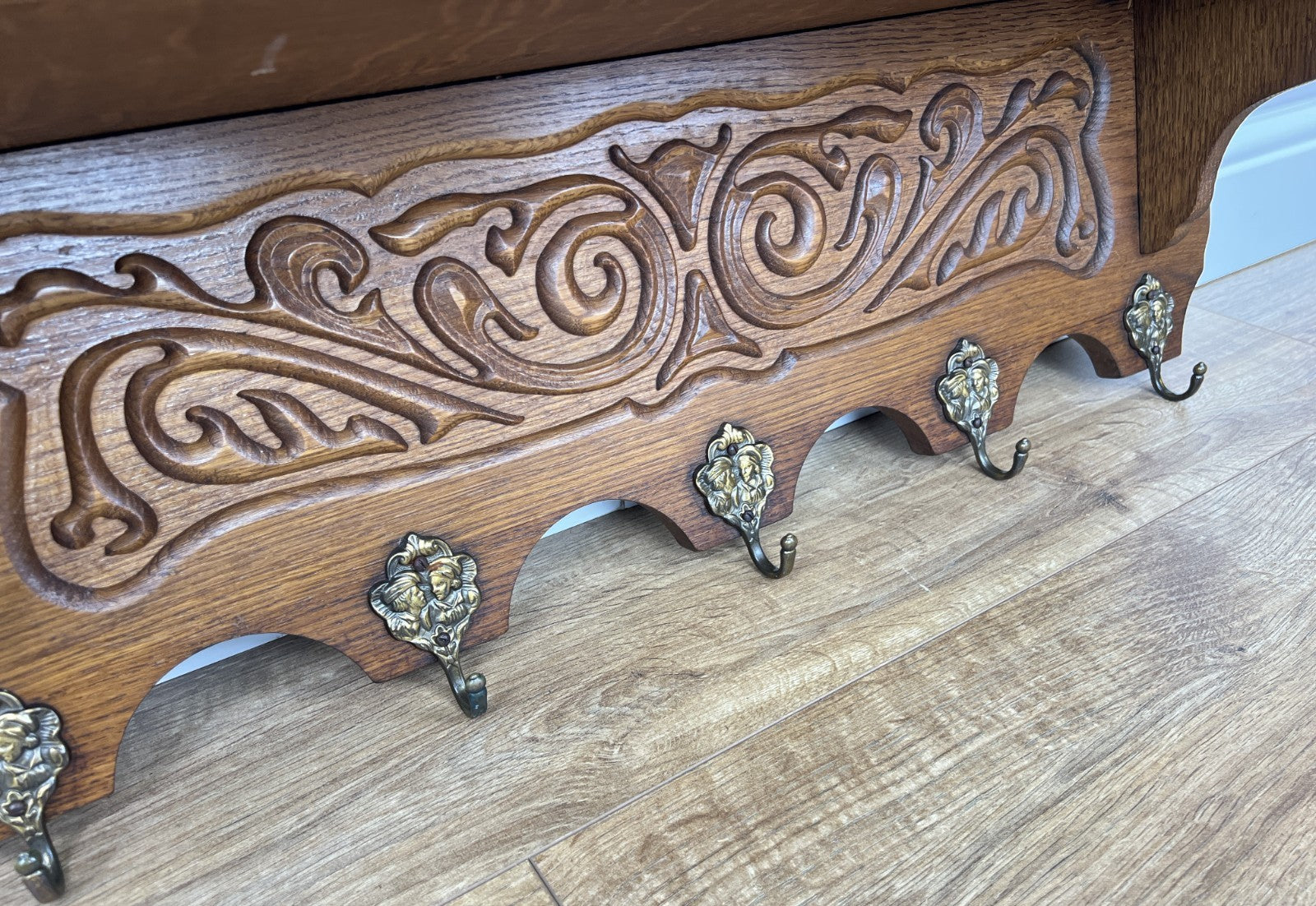 Coat Rack Vintage French Oak Wall Mounted 5 Hooks Carved Rack Hanger LOT 62045