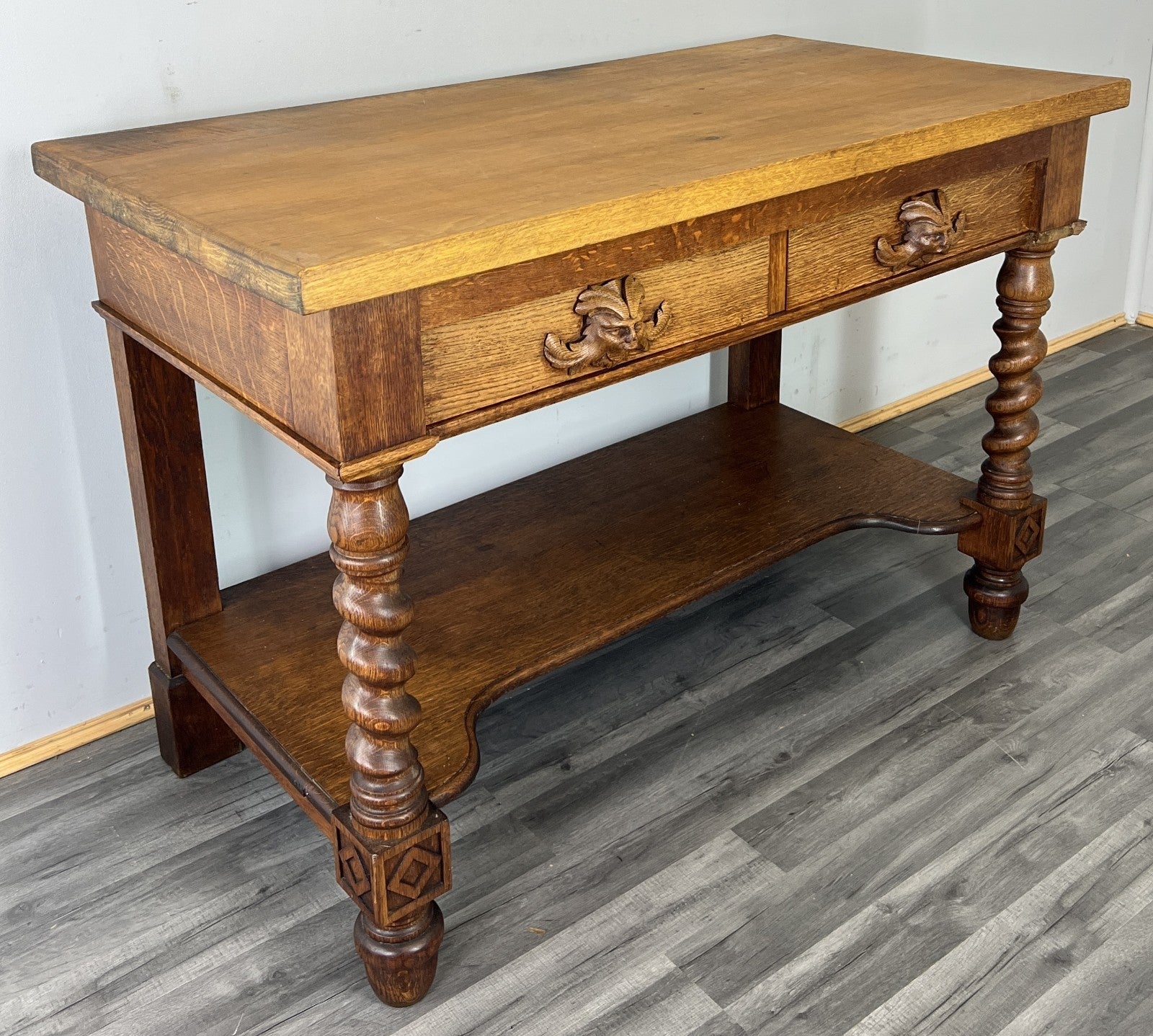 Cabinet Antique French Style Oak Carved Table with Two Drawers LOT 48002