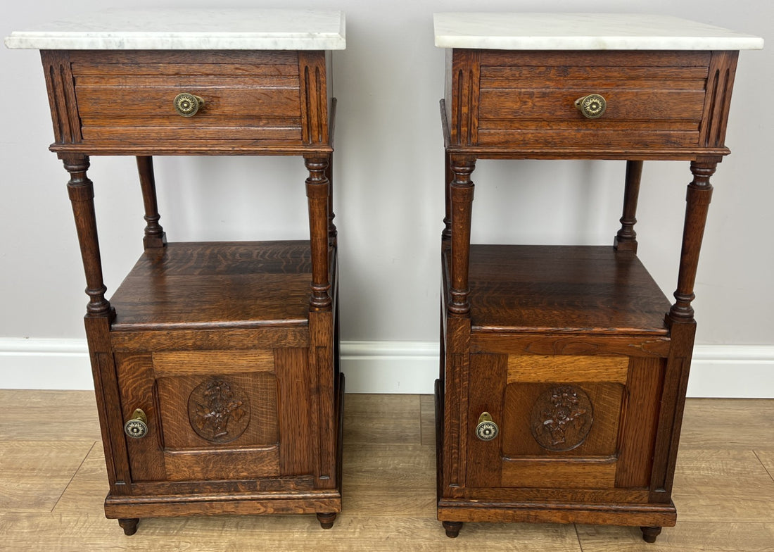 Pair of Bedside Tables Antique French Marble Top Carved Oak Cabinets LOT 60930