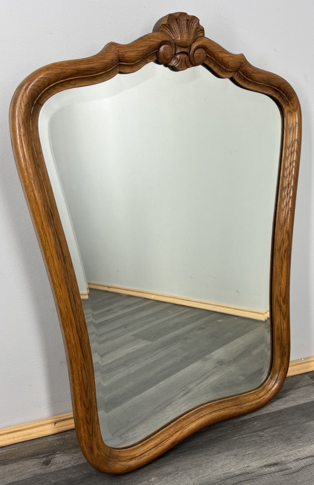 Vintage French Oak Wall Mirror with Ornate Shell Crest Wall Decor LOT 43840