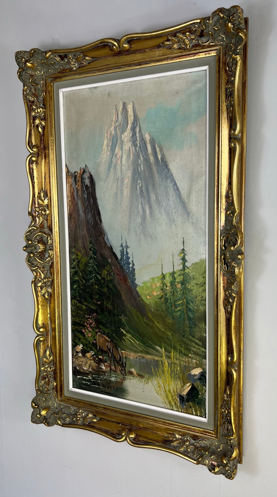 Painting Vintage Oil Landscape Mountain Deer Signed Framed Carved LOT 51132