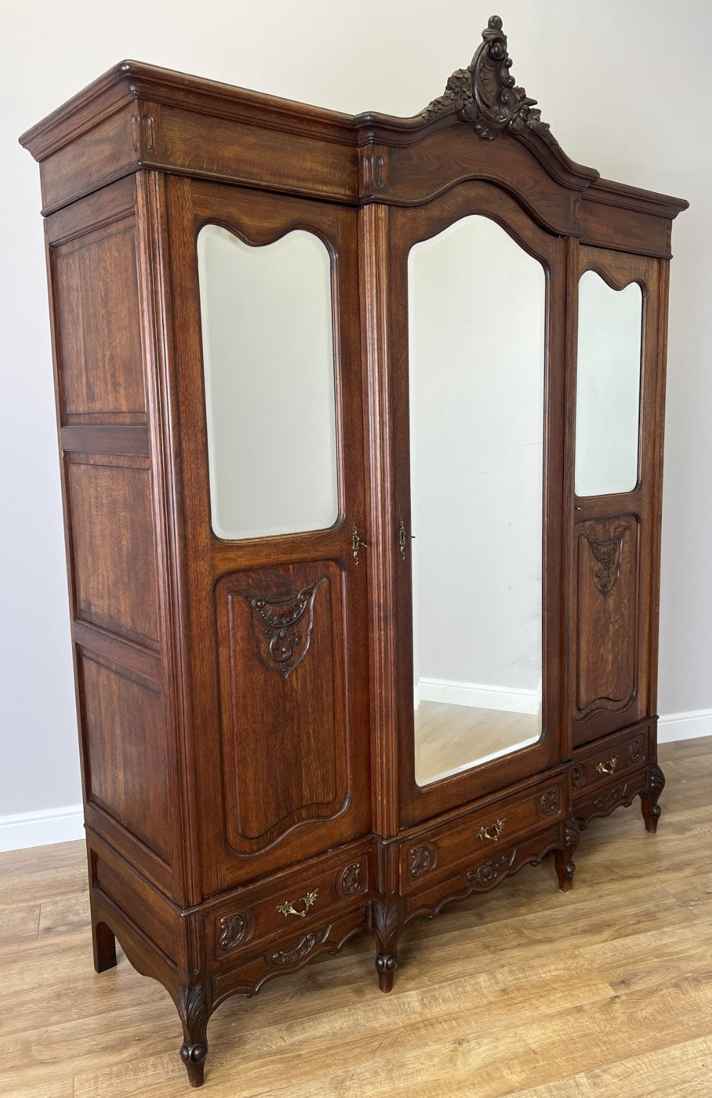 Wardrobe Antique French Rocaille Oak Three Door Carved Mirrored Armoire LOT 48430