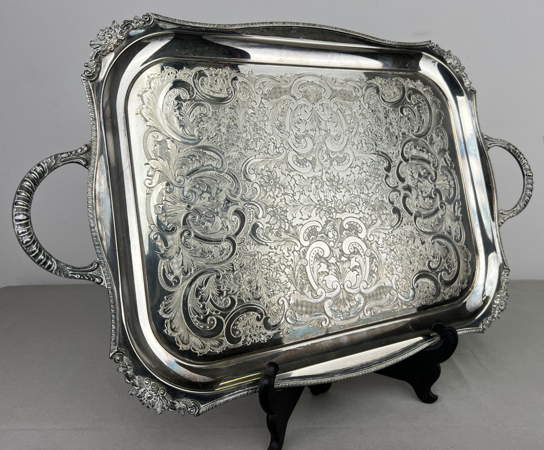 Serving Tray Vintage Metal Ornate Engraved Twin Handle English Tray LOT 6444