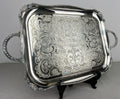 Serving Tray Vintage Metal Ornate Engraved Twin Handle English Tray LOT 6444