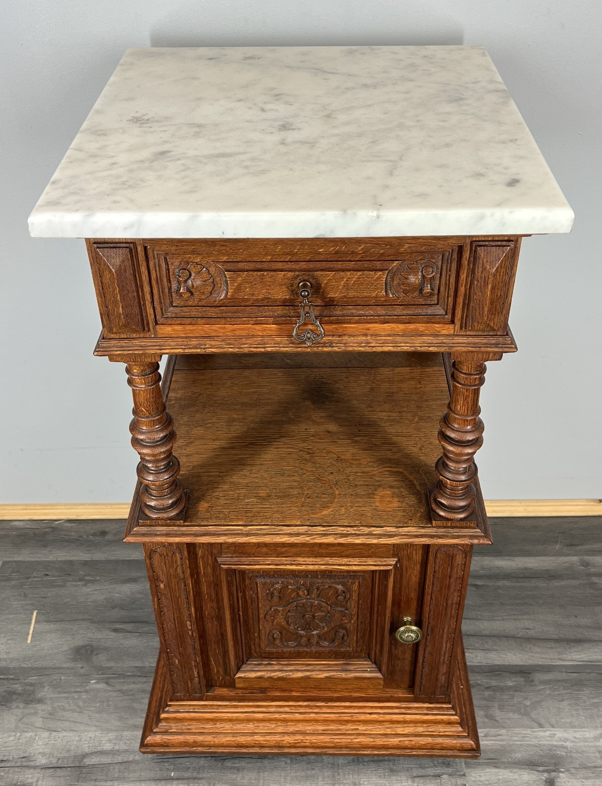Pair of Bedside Tables Antique French Marble Top Oak Cabinets Carved LOT 43292
