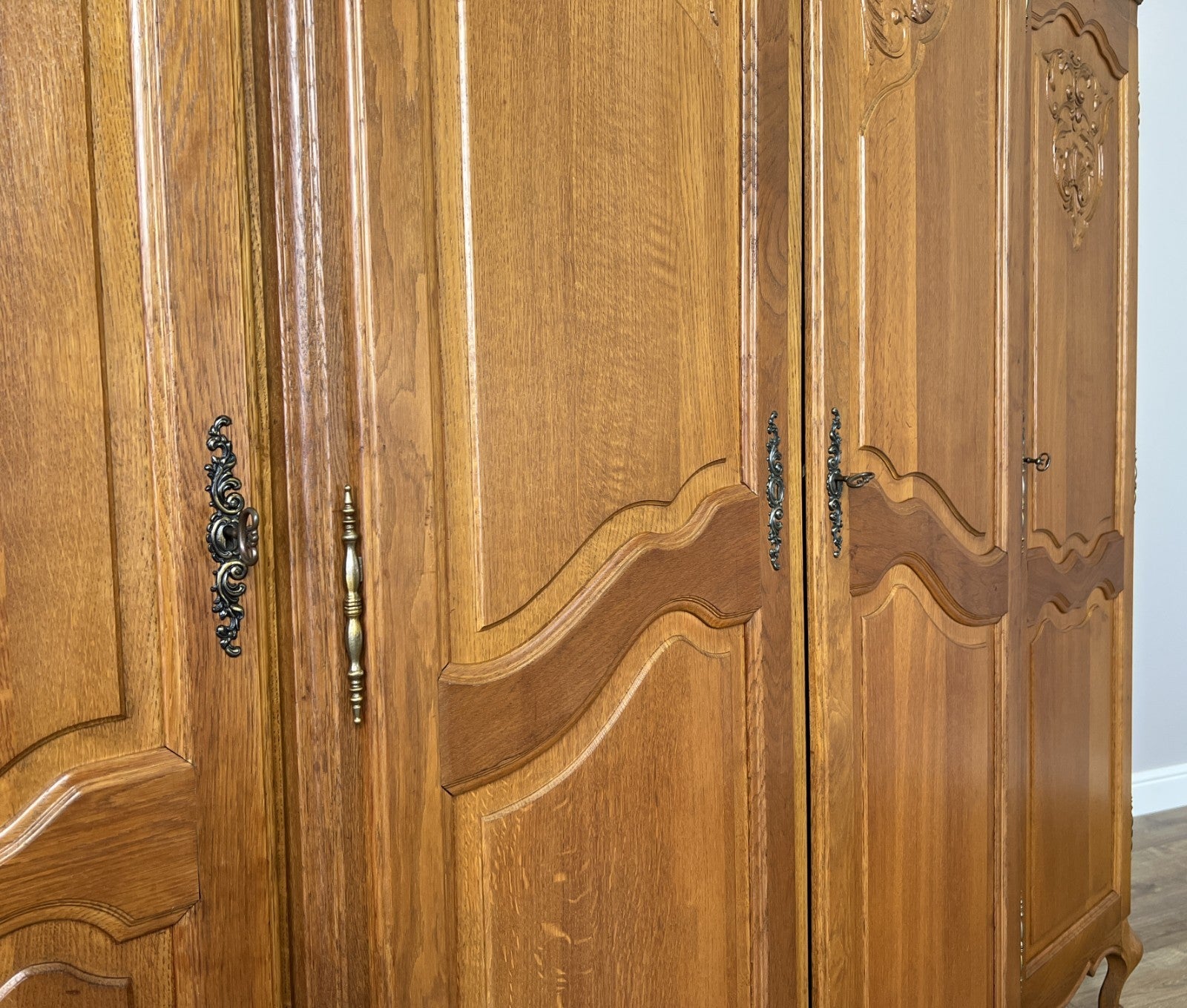 Wardrobe Vintage French Louis XVI Style Four Door Oak Carved Armoire LOT 49305