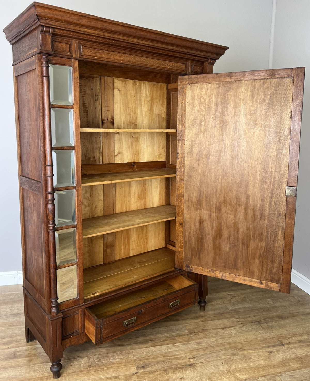 Wardrobe Antique French Style Oak Mirrored Door Carved Armoire LOT 6539
