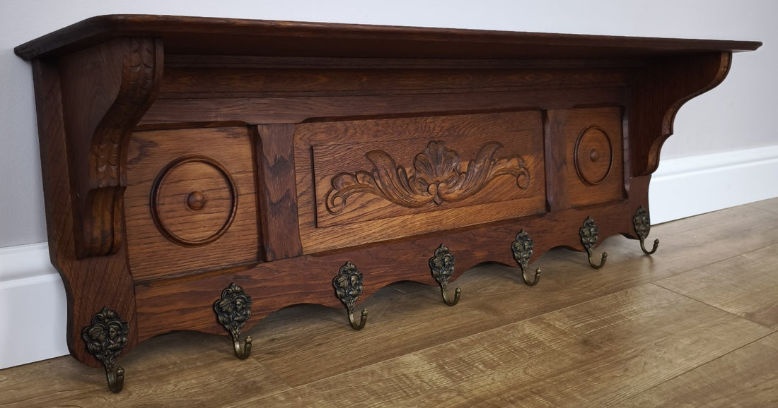 French Vintage Coat Rack Oak 7 Hooks Wall Shelf Carved Coat Hanger LOT 49920