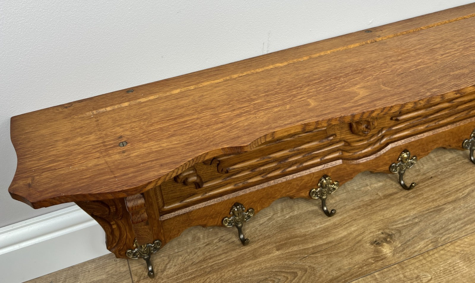 Coat Rack Vintage French Oak Wall Mounted 6 Hooks Carved Rack Hanger LOT 63047