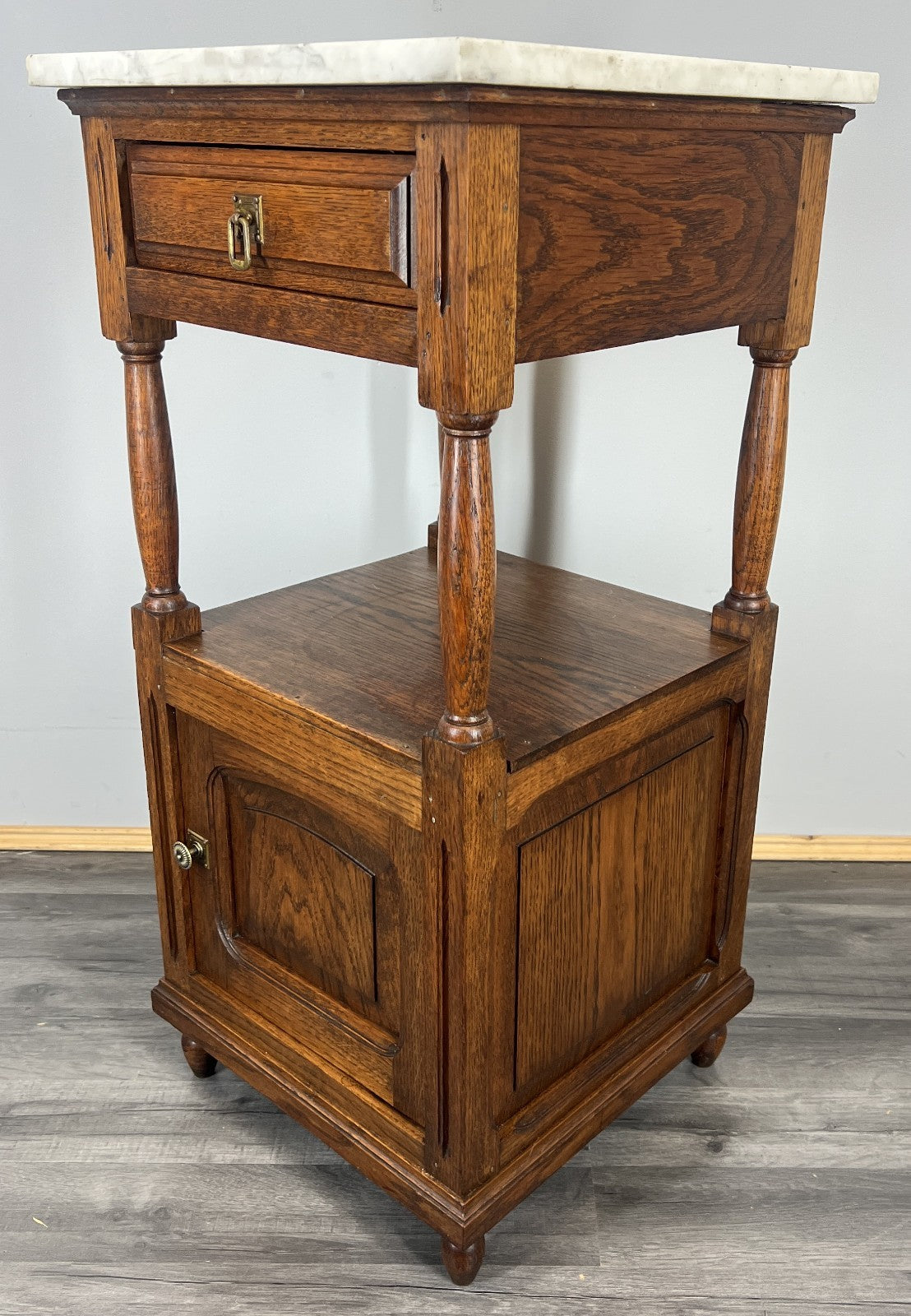 Bedside Table Antique French Oak with Marble Top Carved Cabinet LOT 43366