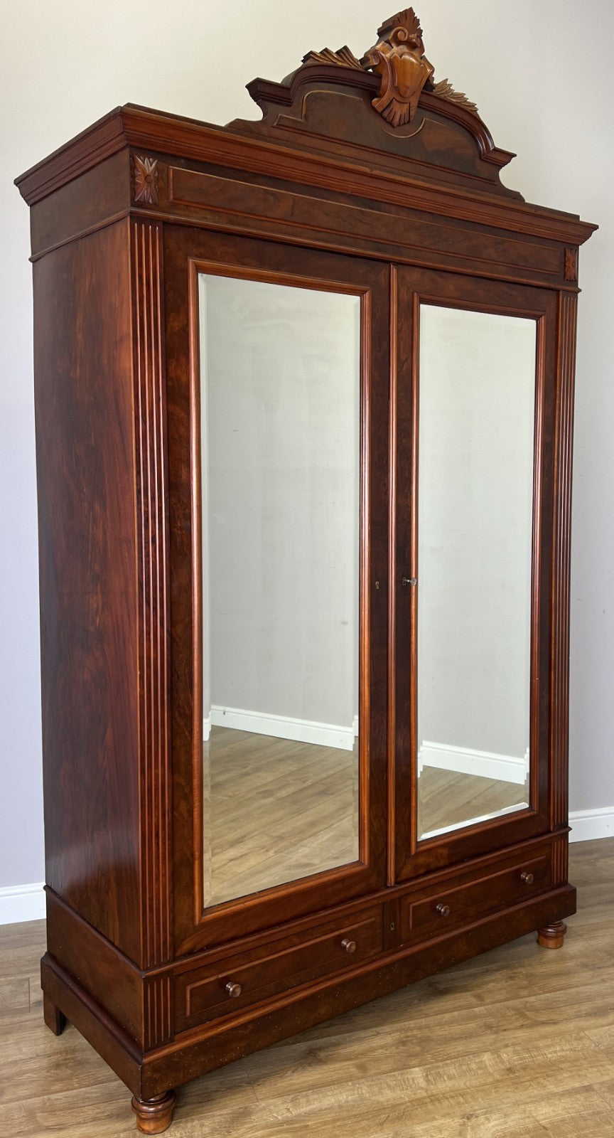 Wardrobe Antique French Style Mahogany Mirrored Two Door Carved Armoire LOT 6543
